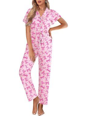 Women Pink Bow Tie Notch Lapel Ruffle Sleeve Button Up with Long Pajamas Sets